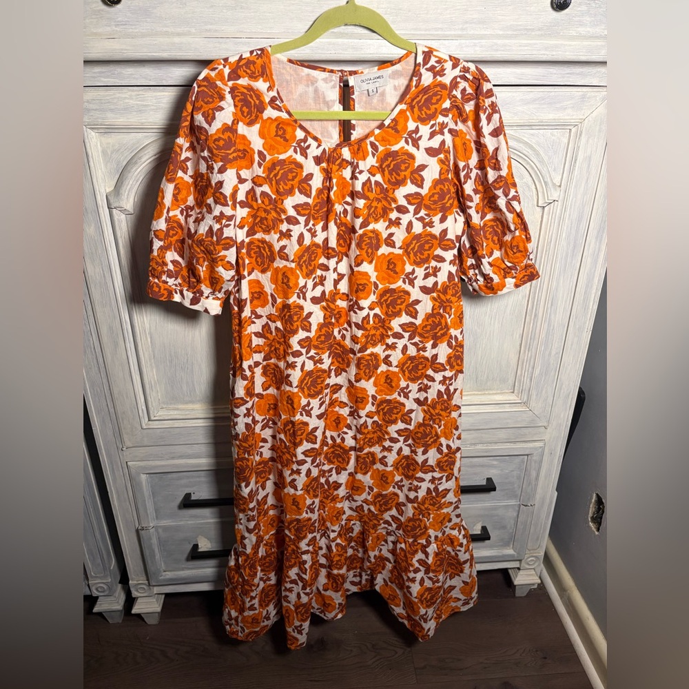Olivia James Orange Floral Puff Sleeve Ruffle Midi Dress Romantic‎ Flirty Boho
